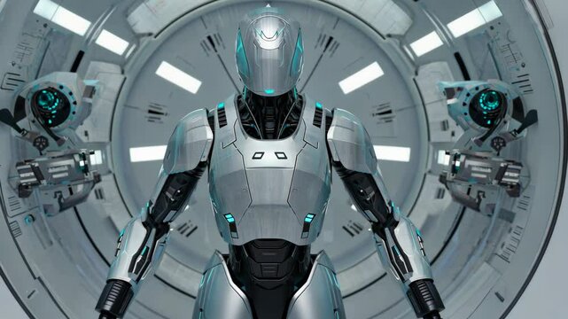 Futuristic humanoid robot standing inside a space station with a circular gate and two robots. Modern design with neon lighting.