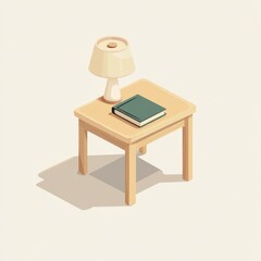 Fototapeta premium Isometric illustration of a small wooden table with a lamp and book. Simple, modern design, depicting a cozy reading nook.