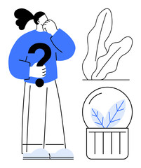 Individual holding question mark while pondering, paired with abstract plant and terrarium. Ideal for decision-making, curiosity, innovation, sustainability, growth, learning strategy. Flat simple