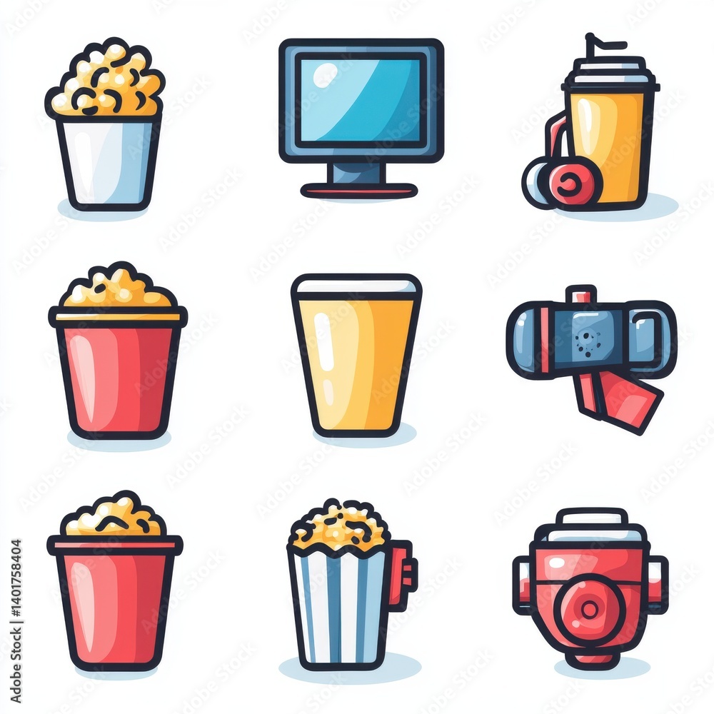 Poster a featuring a set of 15 stylized outline icons representing various elements related to entertainmen