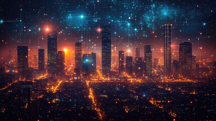 Fototapeta premium Cyber City: Futuristic cityscape with skyscrapers and digital network connections, glowing lights and abstract data streams against a starry night sky, depicting a high-tech urban environment.