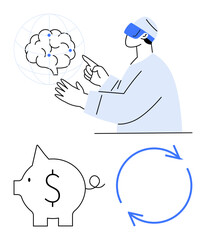 Person using VR headset interacting with digital brain surrounded by global grid. Below are piggy bank representing savings and circular arrows for process continuity. Ideal for technology