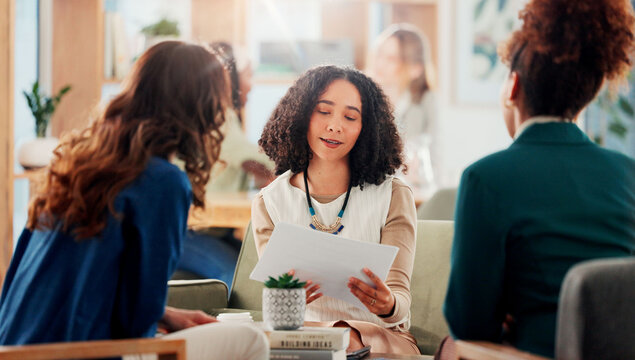 Client, meeting and documents with business people in office for feedback, consulting and branding advisor. Marketing agency, ad specialist and team with women in creative startup for project