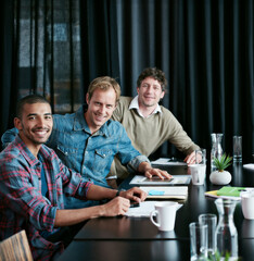 Portrait, team and happy business men in meeting for coworking, about us or collaboration in startup office. Face, diverse group and creative staff with manager, editor or workers together in company