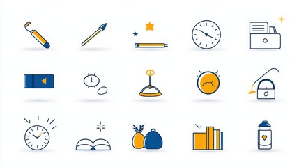 This image presents a collection of 15 elegant minimalist line art icons representing various objects and concepts related to office work studying and productivity including stationery
