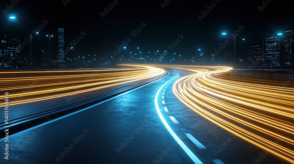 Poster illuminated trails of light from fast moving traffic converge in a striking long exposure image of a
