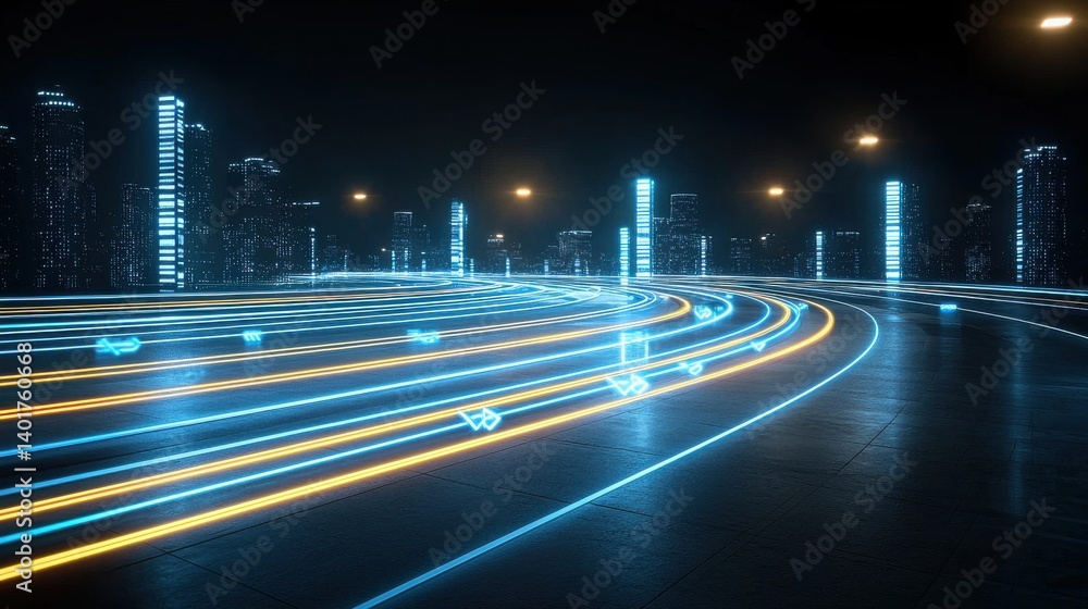 Poster a dynamic and technologically advanced cityscape at night with vibrant light beams and trails illumi