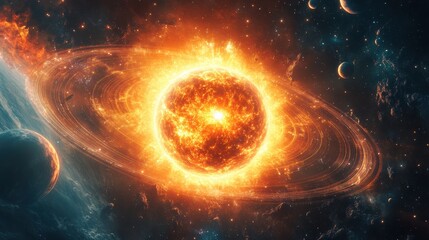 Obraz premium Fiery Celestial Scene Featuring a Bright Star Surrounded by Rings and Planets in a Colorful Cosmic Landscape