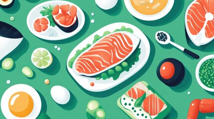 Colorful assortment of sushi and sashimi dishes arranged on a green table, showcasing fresh ingredients