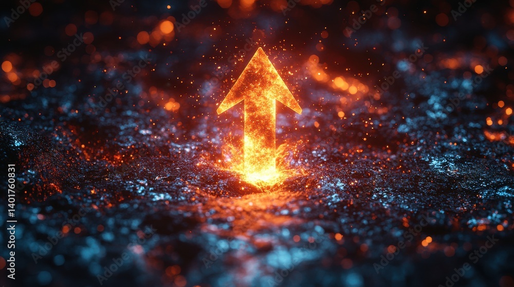 Poster an intense fiery arrow shaped beam of light surging upward surrounded by sparks and glowing embers i