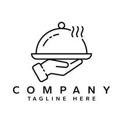 Catering Dome with hand holding icon set. Catering services icon, logo, symbol, badge, label, black, line, vector, isolated illustration.