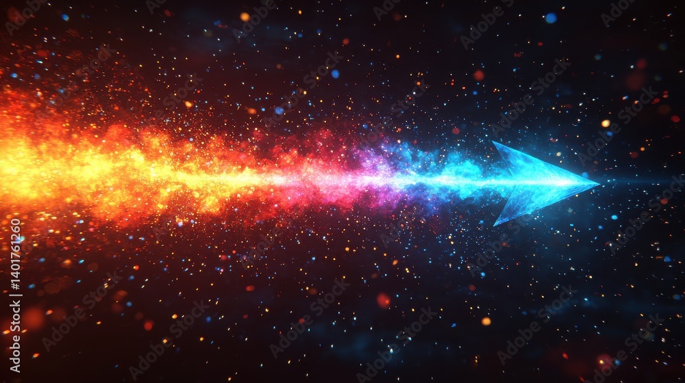 Poster a vibrant multicolored arrow composed of luminous beams pierces through the vast starry depths of th