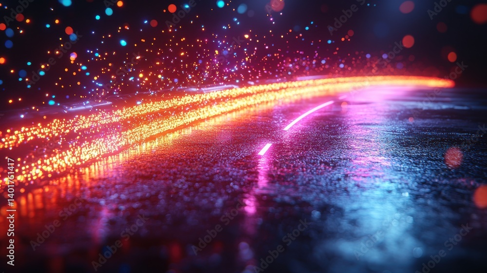 Poster a visually captivating image depicting a trajectory of vibrant luminous beams flowing through a vast