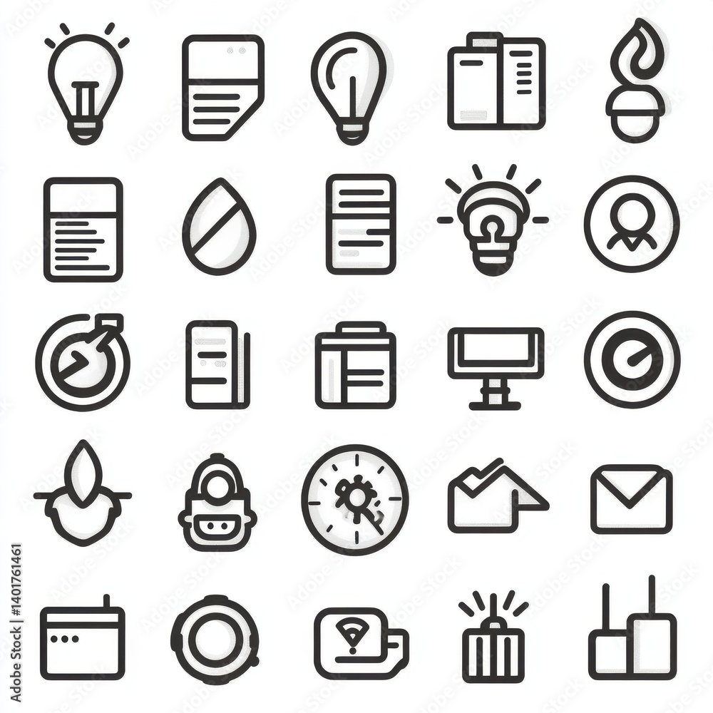 Poster a collection of outline icons representing various elements associated with business success includi