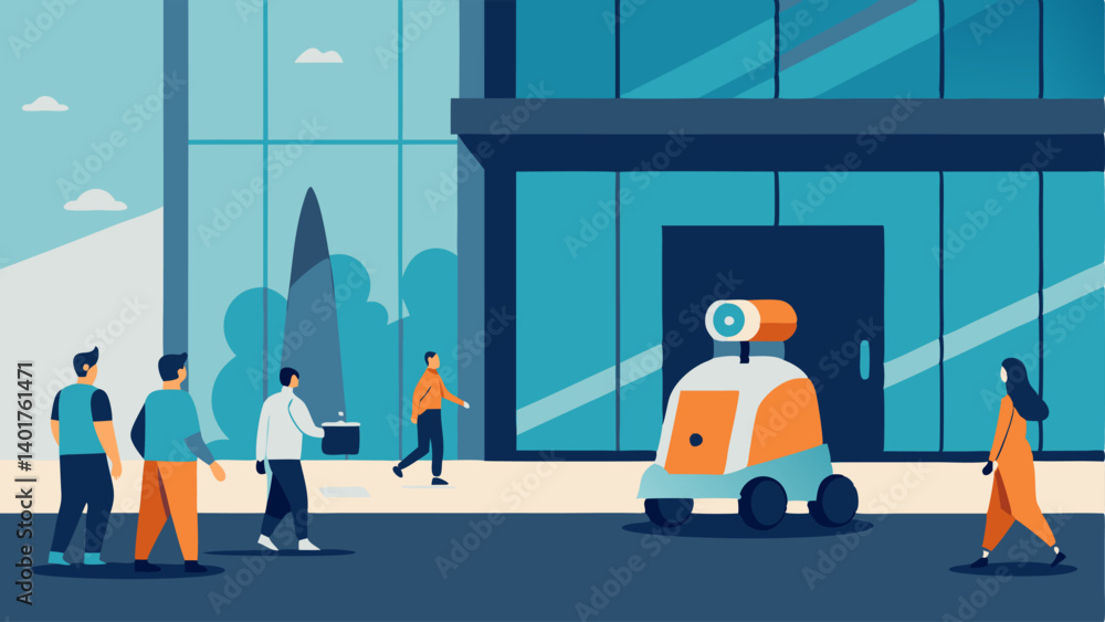 Poster office complex a sleek delivery robot is seen in an office park approaching a glassfront building wh
