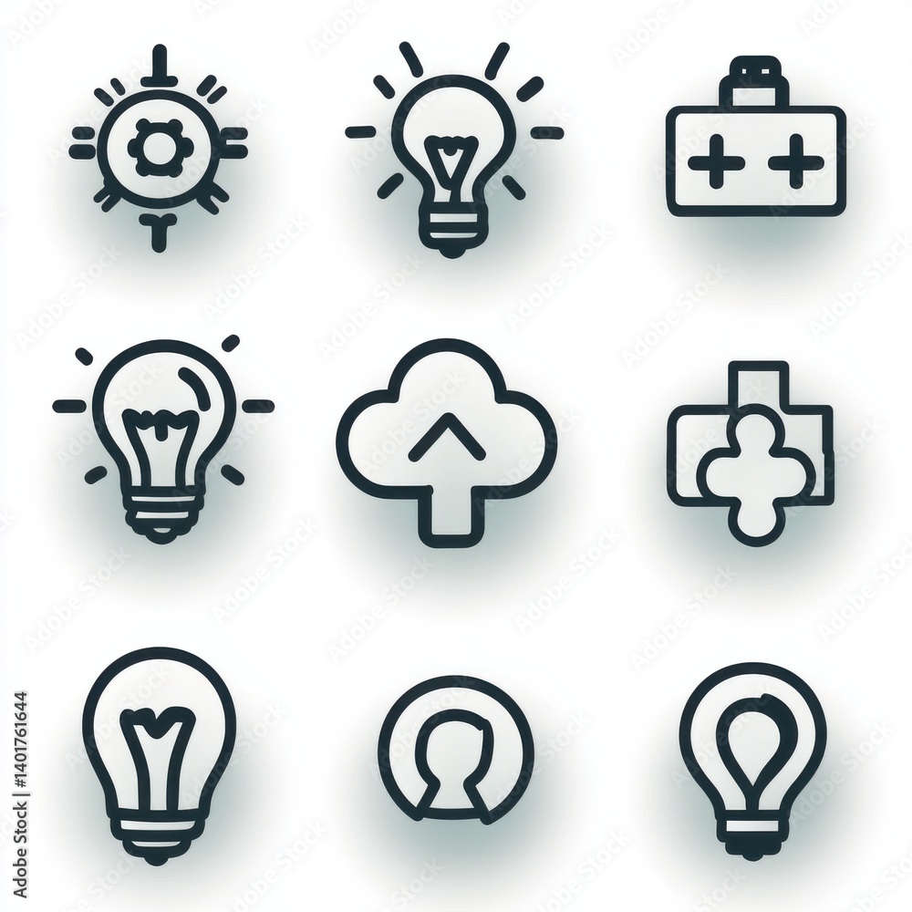 Poster a set of minimalist icons representing various aspects of business and career development including 