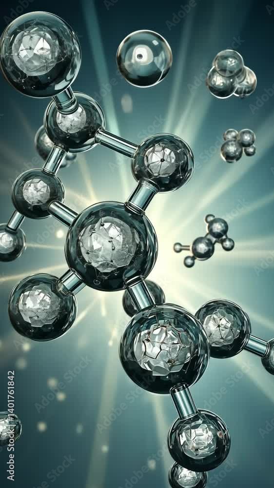 Poster conceptual rendering of molecular structure with spherical atoms, metallic rods, and a soft, etherea