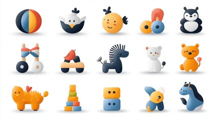 Obraz premium A collection of clean minimalist digital icons depicting a variety of playful educational toys and animal characters in vibrant colors and geometric shapes