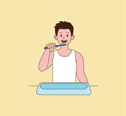 A man brushing his teeth with a toothbrush. Illustration vector with minimal design.