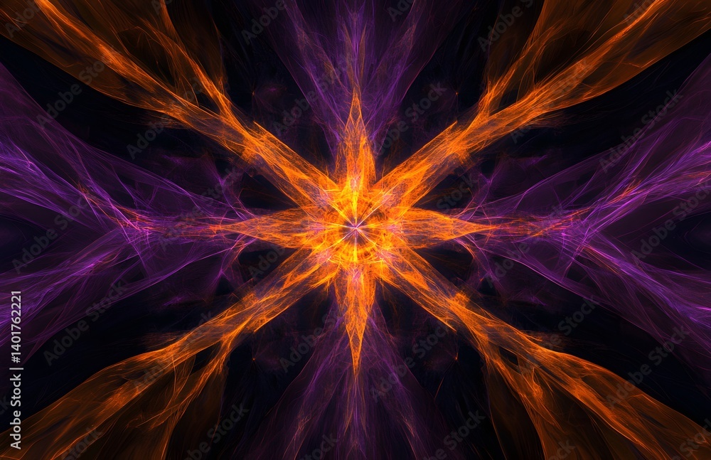 Poster a dark background with purple and orange lines radiating outward from the center, creating an abstra