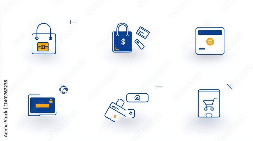 Poster a set of minimalist digital payment icons in a thin outline style representing various elements of o