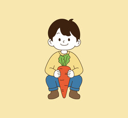 a child holding a large carrot. Illustration vector with minimal design.