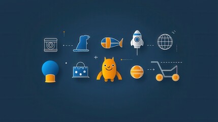 A collection of simple minimalist icons representing classic children s toys games and educational elements