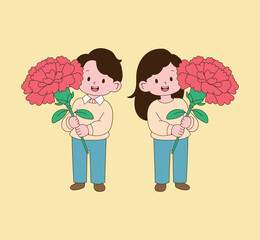 Children holding large carnations. Illustration vector with minimal design.