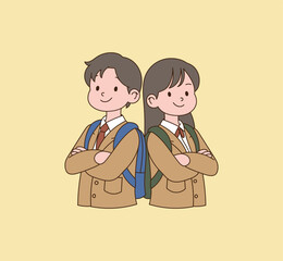 Friends are posing with each other's backs. Illustration vector with minimal design.