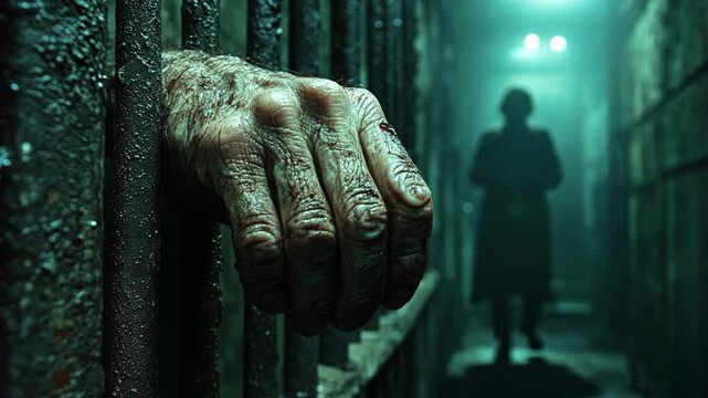A Gripping Image of Imprisonment:  An Old Hand Reaching Through Rusty Bars, a Mysterious Figure Looms in the Background.