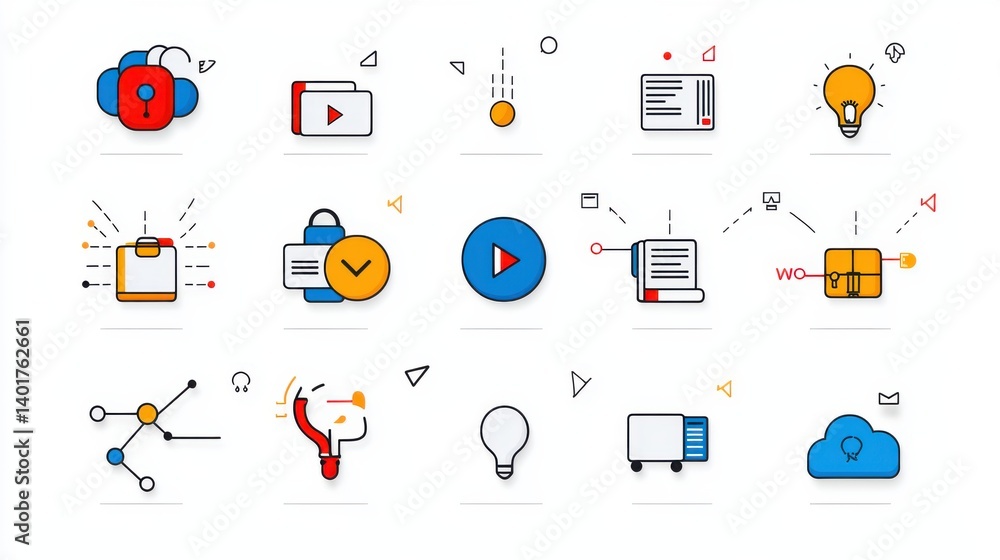 Poster this image showcases a set of 15 minimalist iconographic representations of various digital data tra