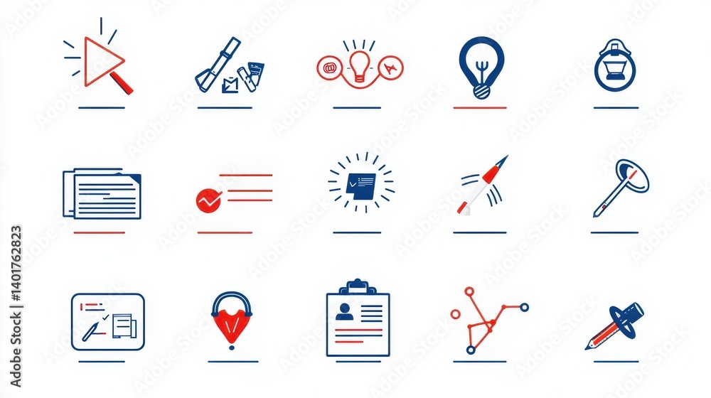 Poster a collection of 15 minimalist and stylized icons representing various management and business relate