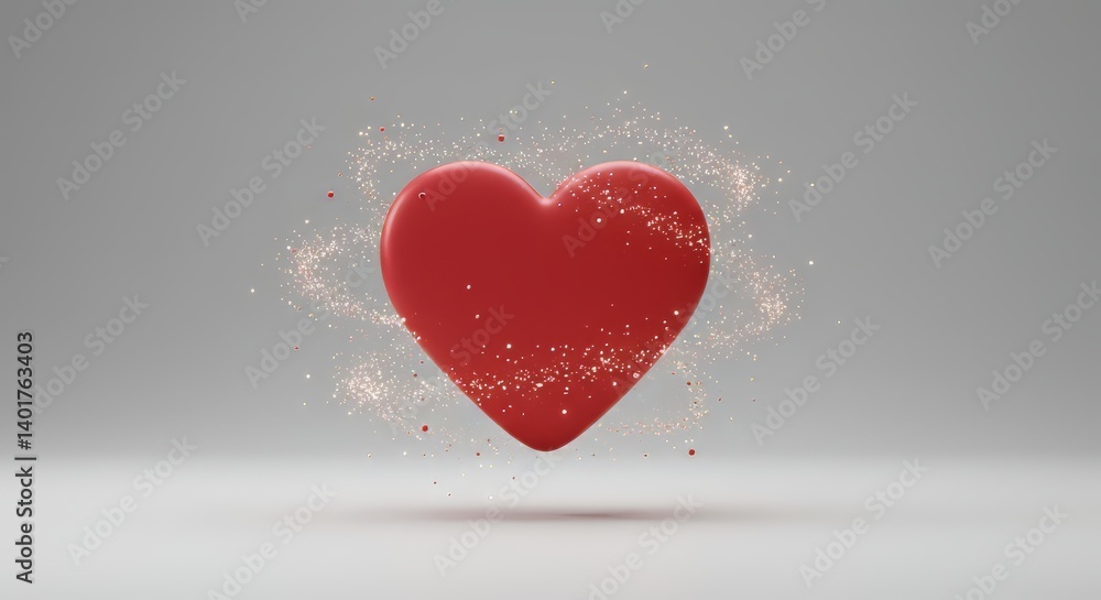 Poster red heart with sparkling light effect floating in a bright studio symbolizing love and passion for v