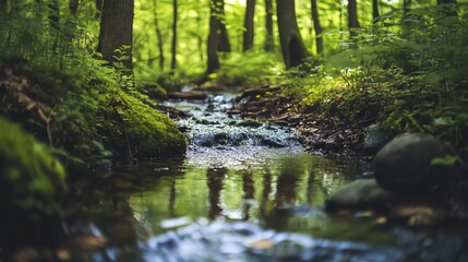 Fototapeta premium Serene Forest Stream with Bridge