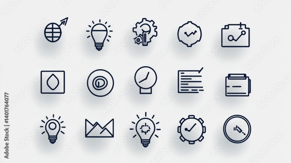Poster a comprehensive set of monochrome icons representing various aspects of business development technol