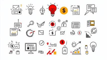 A diverse collection of monochrome icons representing various business and finance related concepts including strategy analytics productivity and management