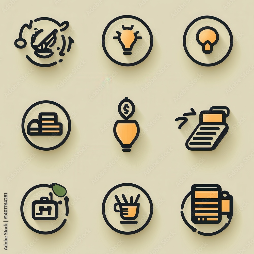 Poster a set of minimalist outline icons representing various elements associated with success achievement 
