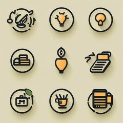 A set of minimalist outline icons representing various elements associated with success achievement and personal or professional development