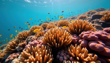 The underwater photo captures a vibrant coral reef teeming with colorful fish and swaying sea plants, creating a mesmerizing and tranquil underwater scene.