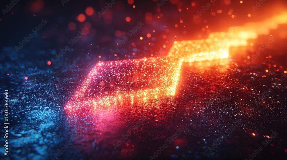 Poster a vibrant dynamic image of a multicolored glowing arrow shape created by intersecting beams of brigh