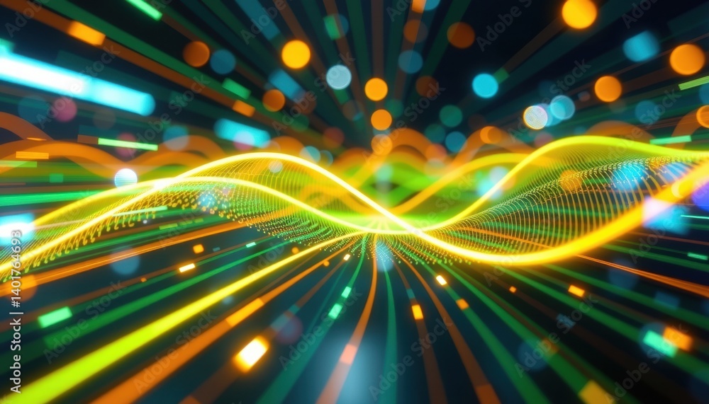 Poster a mesmerizing abstract futuristic background featuring vibrant green and yellow glowing neon wave li