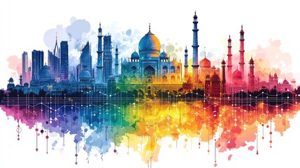Vibrant Skyline: A Watercolor Fusion of Iconic Indian Architecture
