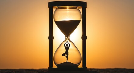 Silhouette of woman in yoga pose inside hourglass against golden sunset sky symbolizing mindfulness, balance, and the ephemeral nature of time