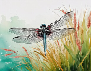 Watercolor DragonFly in Grasses with Room for Text AI