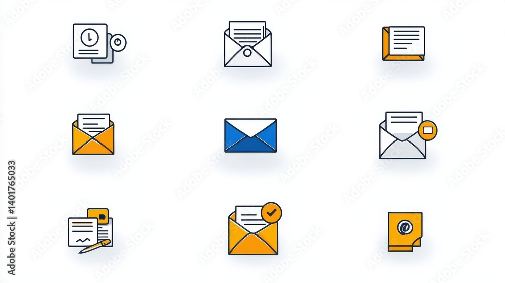 Poster a set of digital icons showcasing a clean and minimalist design style with a focus on envelope and c