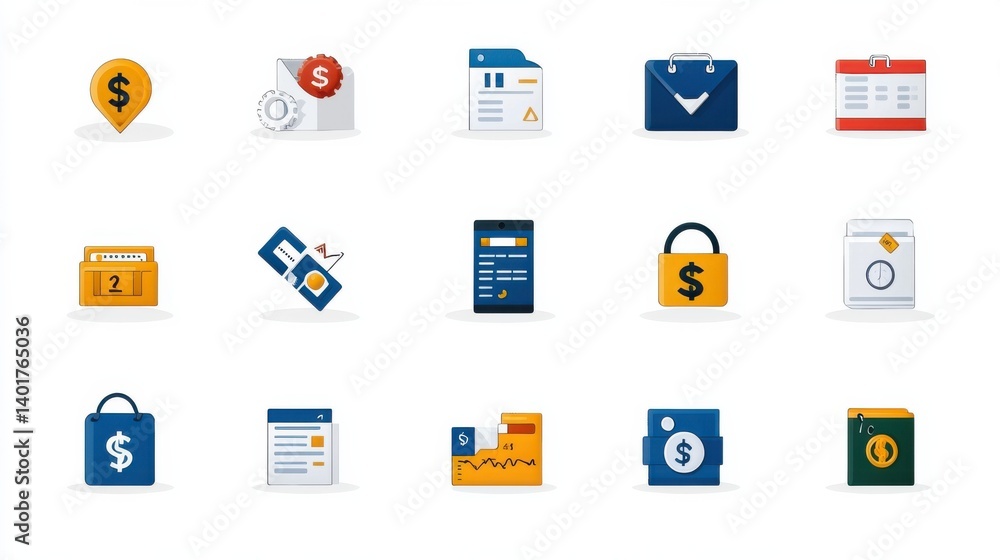 Poster a clean and visually appealing set of icons representing various aspects of the economic and financi