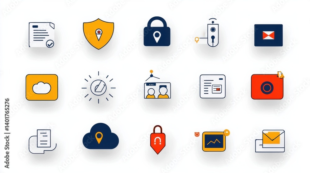 Poster a set of icons representing various cybersecurity concepts including an encrypted shield login crede