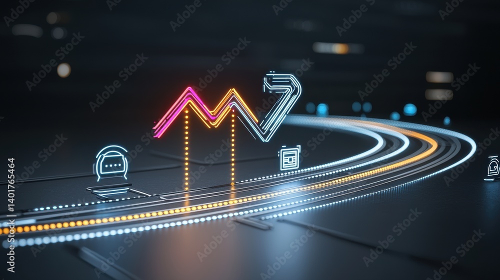 Poster a dynamic futuristic image depicting an upward pointing arrow surrounded by streaks and curves of vi