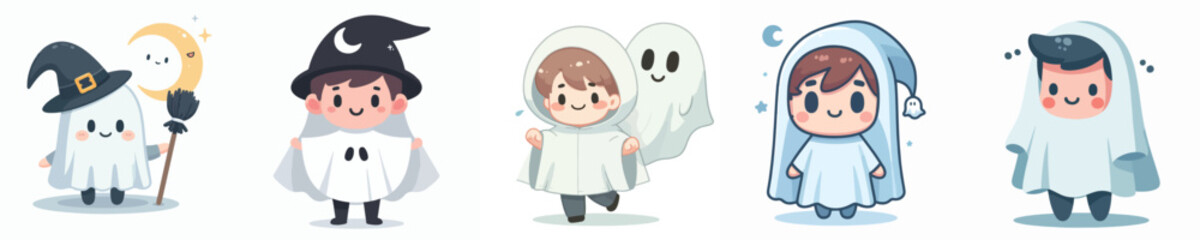 collection of cute vectors of boys wearing ghost costumes