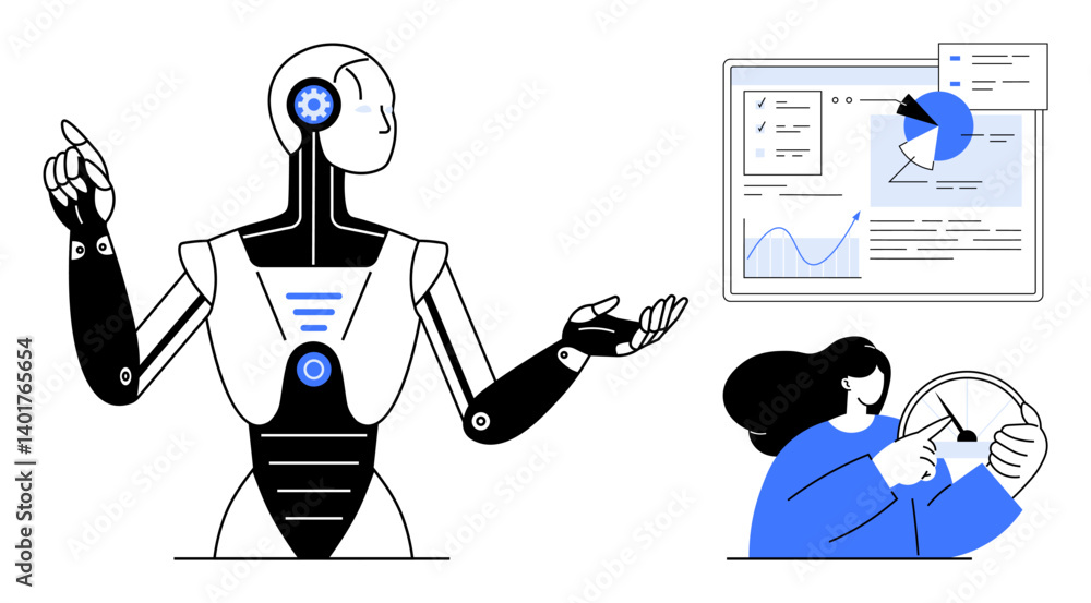 Aufkleber robot gesturing towards analytics while a woman adjusts data visuals on a screen. ideal for ai integ
